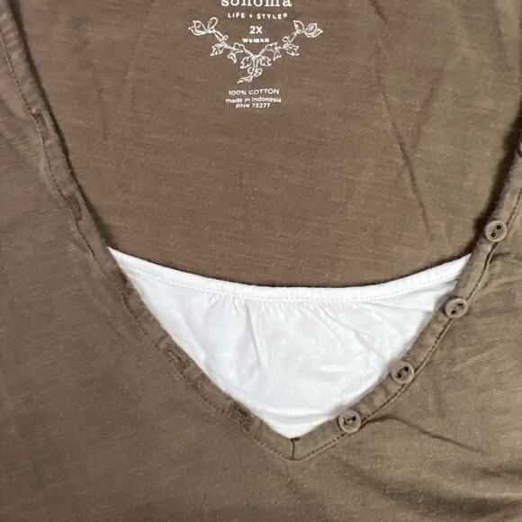 Sonoma Short Sleeve V-Neck Tee Shirt Top Plus Size 2X Brown White - Picture 4 of 10